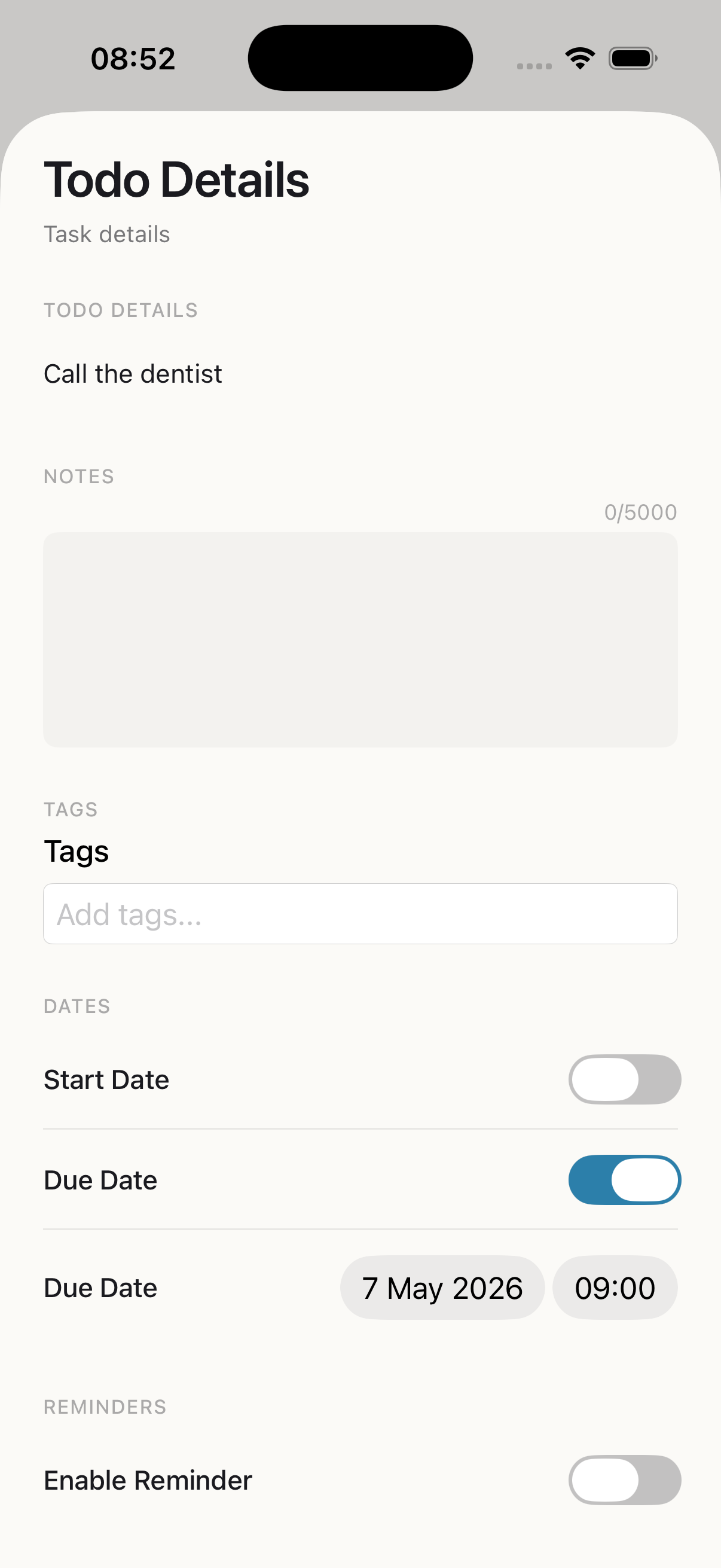 Task detail with reminders